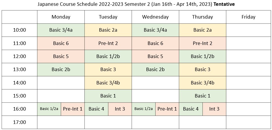 Schedule for Japanese classes