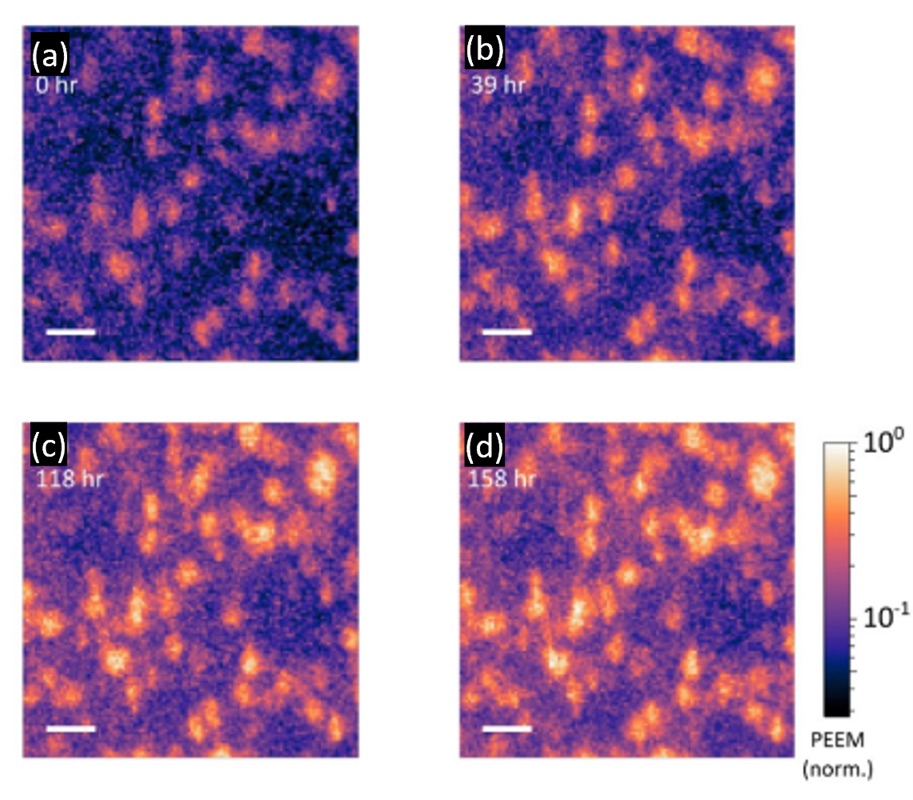 Evolution of defect cluster spatial distribution under vacuum light exposure on perovskite film studied by photoemission electron microscopy.