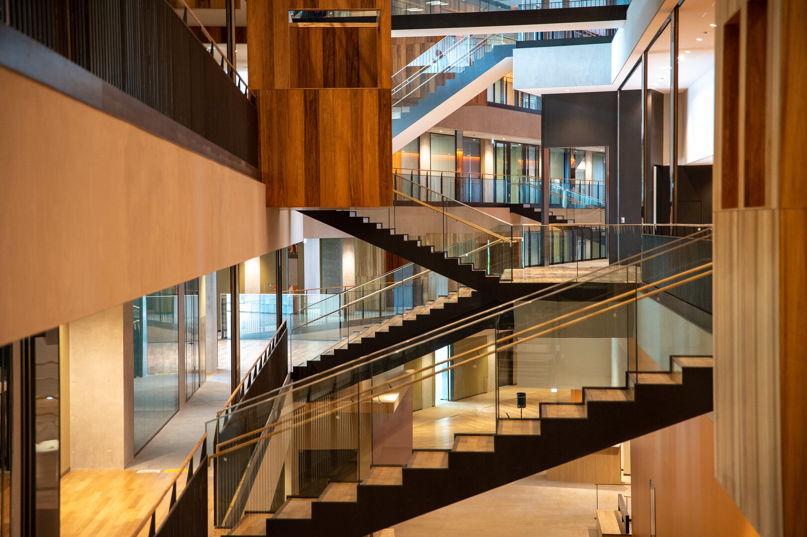 Lab 5 interior, a series of stairs linking the two halves of the building.